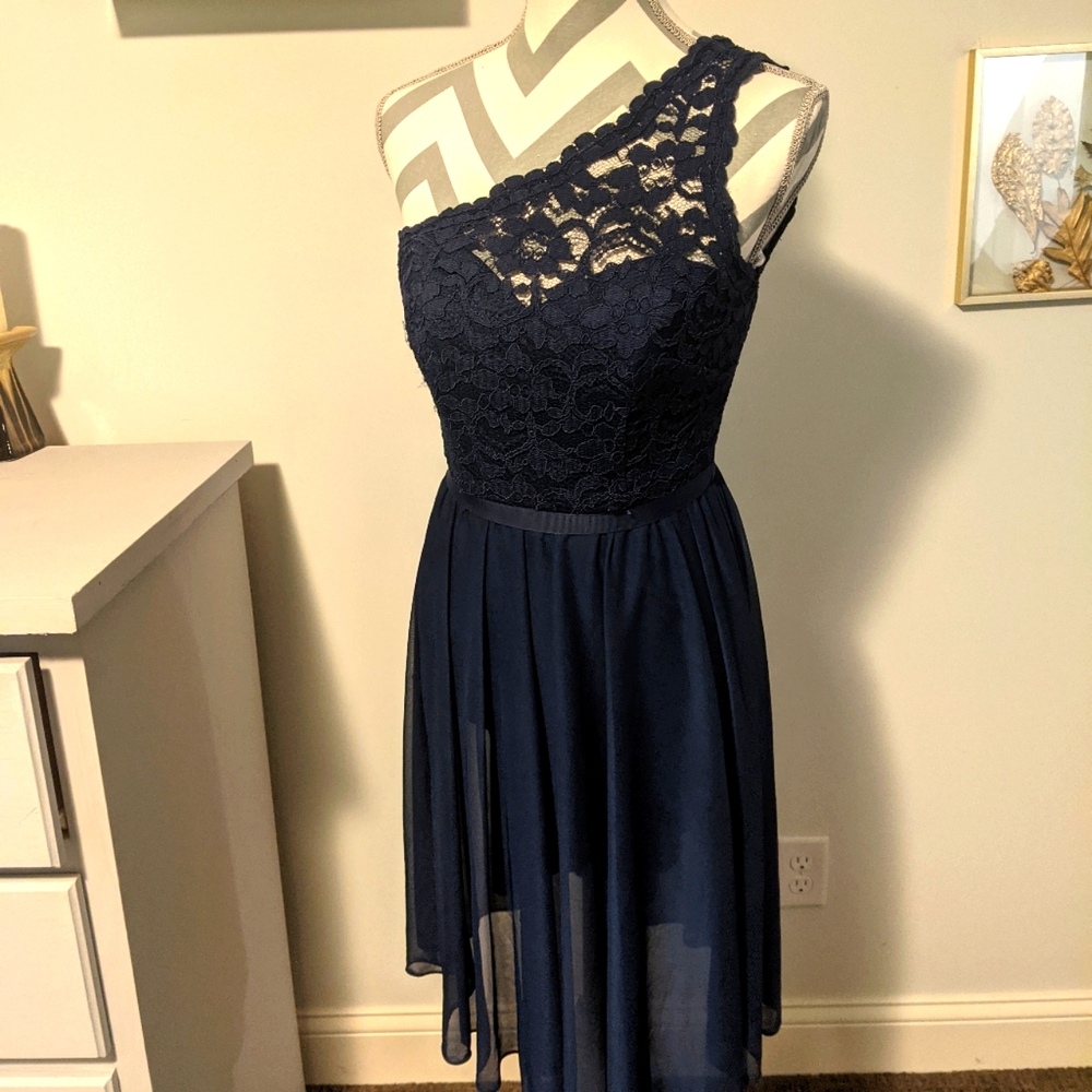 Blue Lace One Shoulder Cocktail Dress